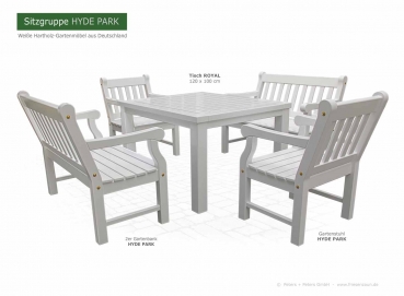 Gartentisch ROYAL mit Gartenbänke Hyde Park Exklusive - Weiß lackierte Gartenmöbel von Peters + Peters.