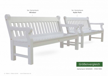 Vergleich 3er Gartenbank WINDSOR mit 3-Sitzer Gartenbank HYDE PARK - Ausführung ODUM-IROKO Hartholz weiß lackiert