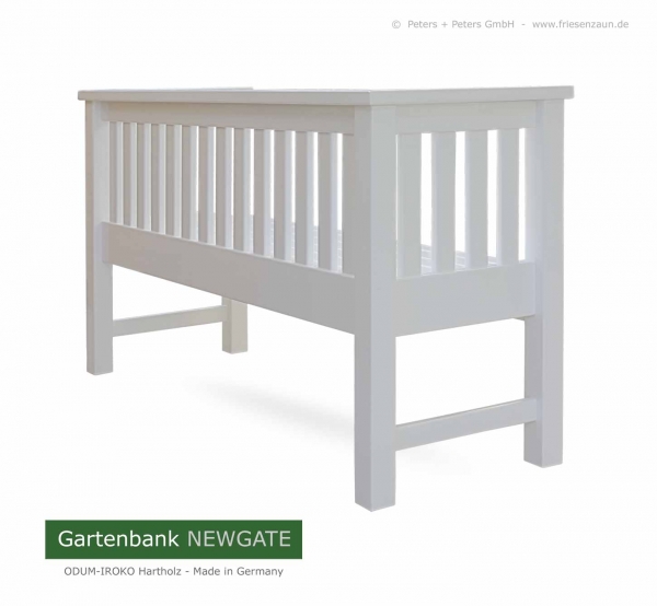 Gartenbank NEWGATE - Die moderne Holzgartenbank aus wertvollem ODUM-IROKO Hartholz - lieferbar in weiß, grün, anthrazit + 200 RAL-Farben